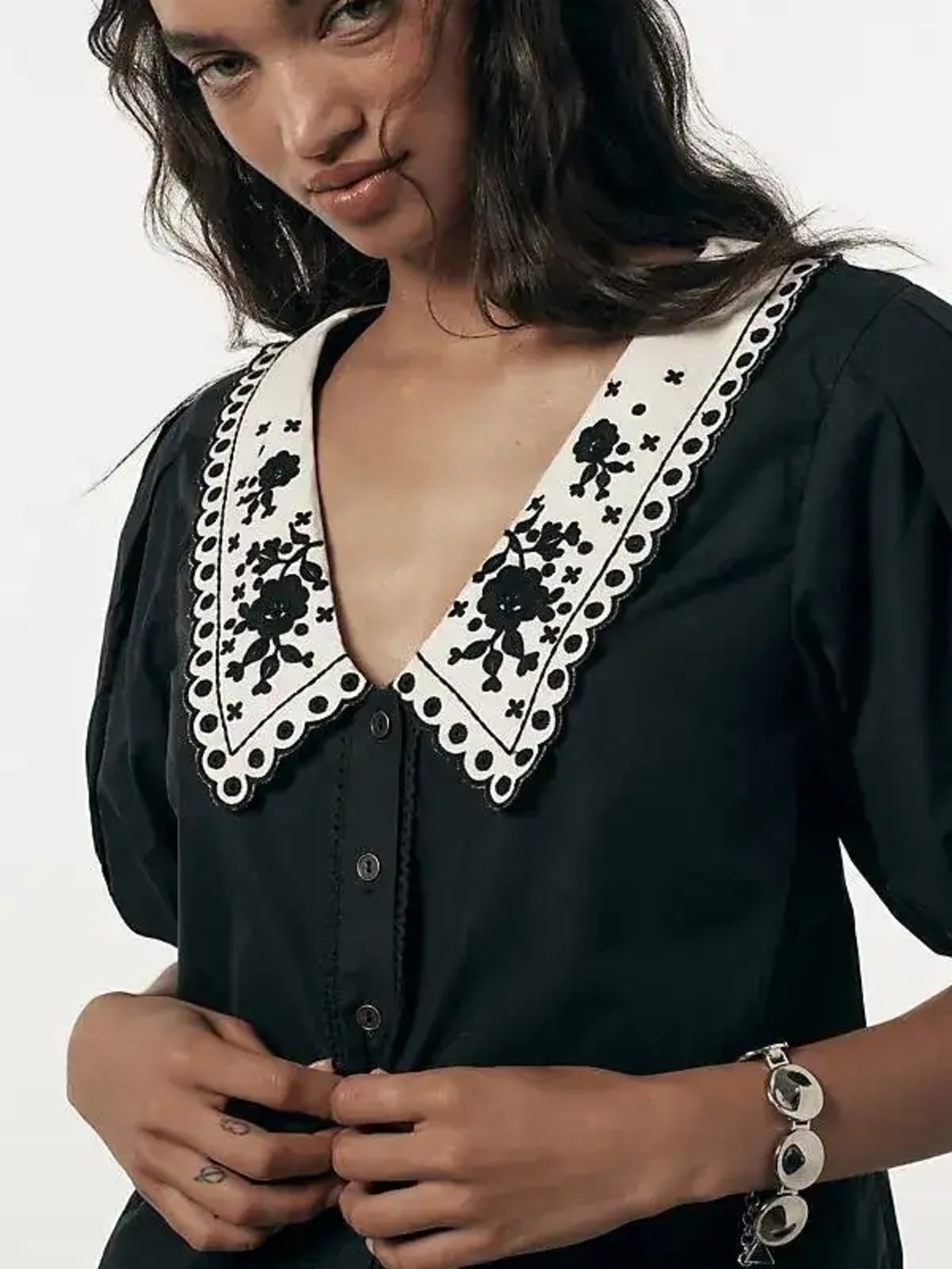 Anthropologie Black Button-Front Blouse with Embroidered White Collar